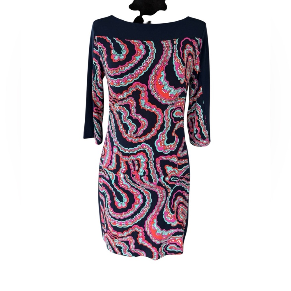 Banana Republic Navy Multicolor Swirl-Print Long Sleeve Dress